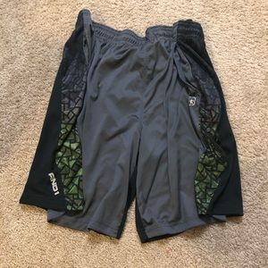 Grey AND1 basketball shorts, green&purple sides